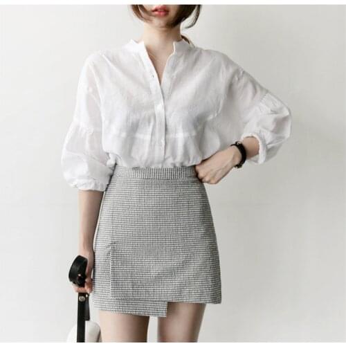 S-XL Girls Spring Oversize Blouse Womens White Shirt Long Sleeves Tops Mini Skirts Summer Plaid High Waist Two Piece Set Women