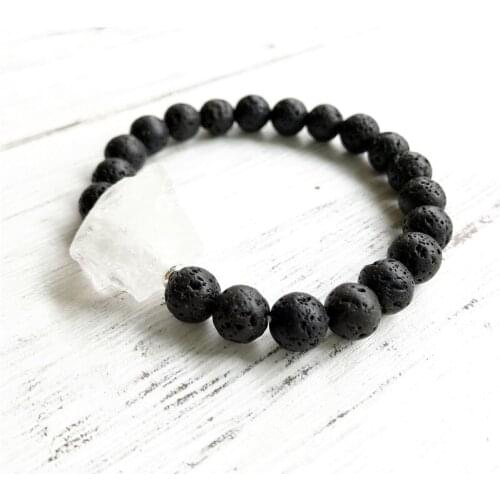 Natural Black Beads Yoga Bracelets Lava Stone And White crystals Bracelet Fashion Black Mens Jewelry Round Beads Charm Wrist