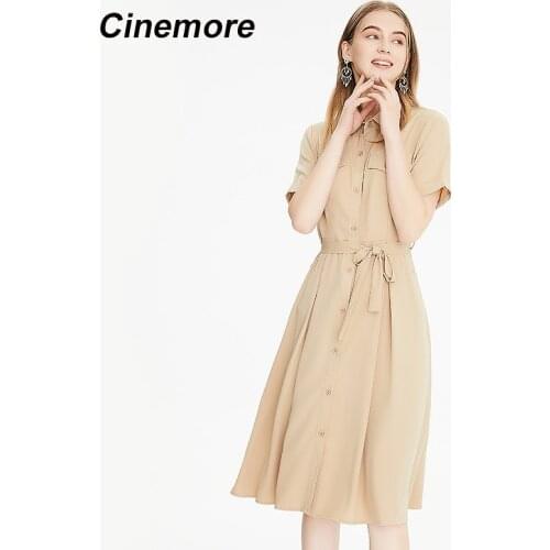 Cinemore Long Shirt Dress Women Khaki Unicolor Club Party Lapel Button Short Sleeve Female Elegant casual womens dresses Q92267