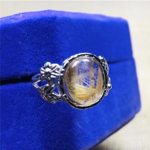 12mm Top Natural Gold Rutilated Ring For Woman Man Crystal Oval Beads Silver Quartz Gemstone Adjustable Size Ring Jewelry AAAAA
