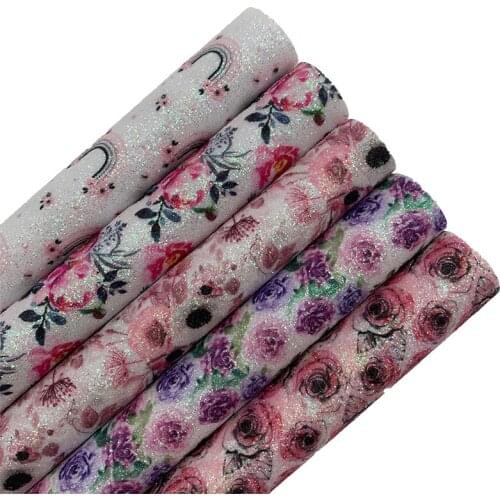 Plum Rose Flowers Rainbow Printed Glitter Vinyl Fabric Sheet Felt Backing Synthetic Leather Faux Vinil For Bow DIY A4 SIZE T585A