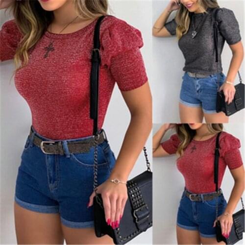 Fashion Casual Women Sexy O-Neck T-Shirt Lady Summer Pullover Tops Short Puff Sleeve Party Streetwear Vogue Solid Slim Tee