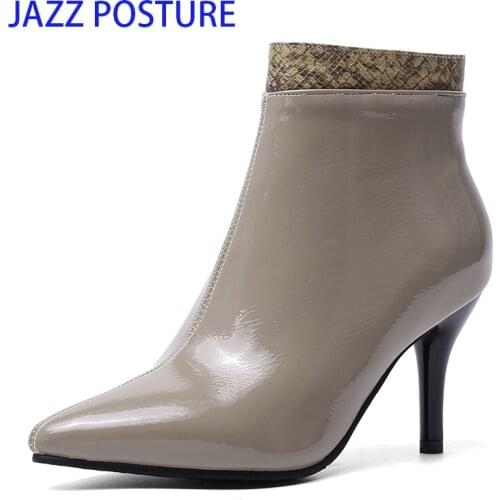 Fashion Patent leather PU Pointed Toe High Heel Boots Shoes Woman Zipper Ankle Boots Women Shoes Thin Heel Women Boots z320