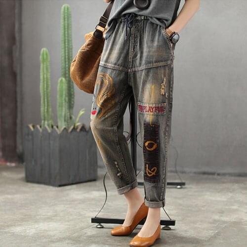 Fashion New Retro High Quality Women XS-5XL Retro Patch Embroidered Printed Loose Jeans Oversized Washed High Waist Ripped Jeans