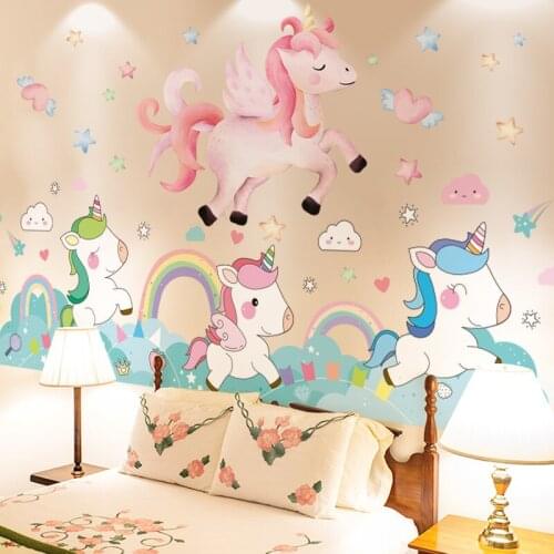 Cartoon Unicorn Rainbow Wall Stickers DIY Animal Mural Decals for Kids Rooms Baby Bedroom Children Nursery Home Decoration