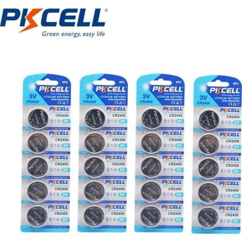 20Pcs/4Cards PKCELL CR2450 ECR2450 DL2050 BR2450 3V Lithium Battery Button Cell Batteries For Watches Toys Calculators