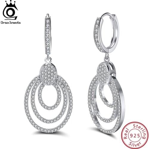 ORSA JEWELS Solid 925 Sterling Silver Big Drop Earrings AAAA CZ Paved Luxury 3 Circles Hoop Drop Earrings for Wedding Party SE46