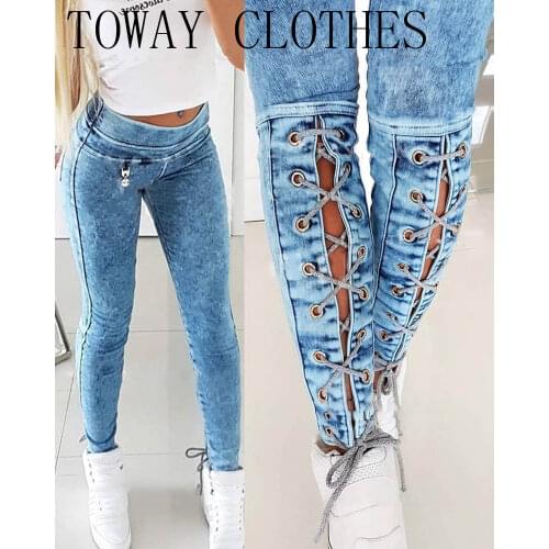 High Waist Sexy Solid Color Lace-up Skinny Jeans Casual Pants for Women 2021