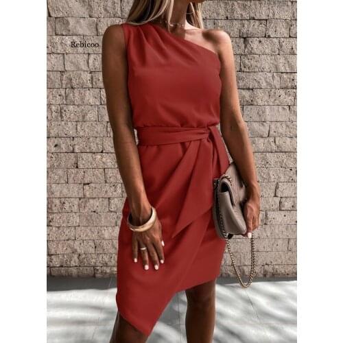 Women Sexy Off Shoulder Irregular Dress Summer Fashion Sleeveless Sashes Dresses Woman