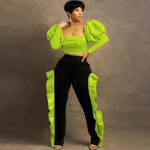 Sexy Party Club Wear 2 Piece Sets Womens Outfits Festival Clothing Puff Sleeve Crop Top and Ruffles Pants Birthday Matching Sets