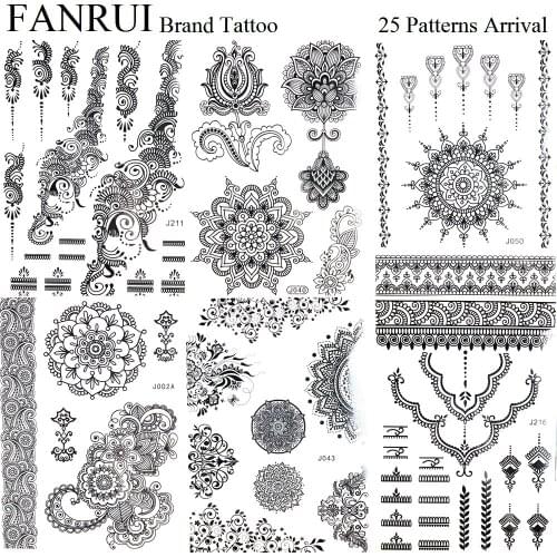 Sexy Black Henna Mandala Flower Tattoo Stickers Women Lace Arm Temporary Tattoo Girls Leaf Chest Water Transfer Lotus Tatoos Leg