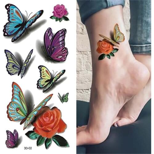 1pcs 3D Butterfly Tattoos Stickers Rose Flower Girls Women Body Art Water Transfer Temporary Tattoo Sticker Arm Wrist Fake Tatoo