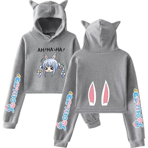 Usada Pekora Printed Cat Cropped Hoodies Women Long Sleeve Hooded Pullover Crop Tops Casual Lovely Streetwear Clothes