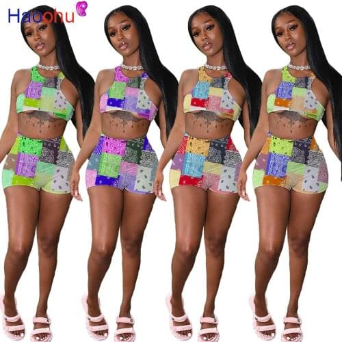 Vintage Bandanna Paisley Two Piece Set Summer Outfits for Women Sleeveless Crop Tank Top Biker Short Clothes Matching Suits