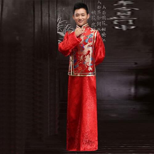 Groom Satin Wedding Cheongsam Men Robe Chinoise Vestido Oriental Qi Pao China Long Sleeve Dress Traditional Chinese Antiques