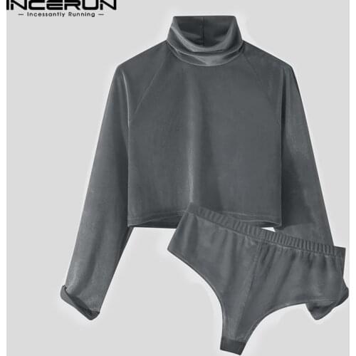 Men Pajamas Sets Homewear Solid Color Velour Sexy Turtleneck Crop Tops Sleepwear & Briefs Two Pieces Men Pyjamas Suits INCERUN