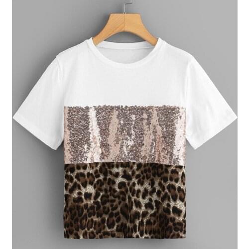 T Shirt Women Harajuku Tops Women 2020 Pacthwork Leopard/Snake Print Sequin Sleeve Tee Top Tshirt Camiseta Mujer футболка