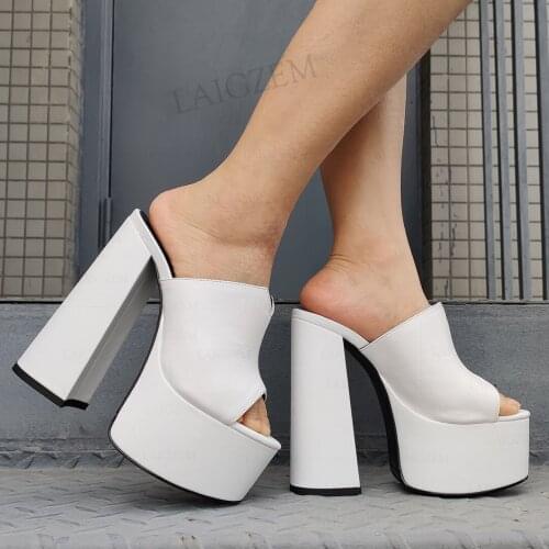 DOHBANER Genuine Leather Women Sandals Block Thick High Heels Mules Height Increase Slides Slip On Sexy Shoes Woman Size 39 41