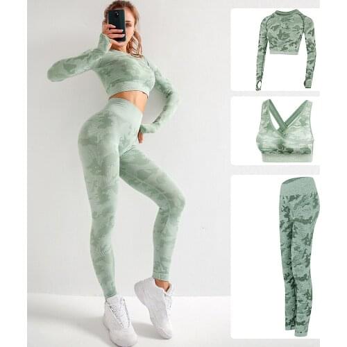 Womens 3 Pcs Yoga Set Camo Seamless Long Sleeve Tops Sport Bra High Waist Leggings Fitness Clothing Gym Running Suit Female