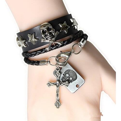 Street Punk Retro Halloween Bracelet Skull Cross Bracelet Leather Braided Bracelet Jewelry Wholesale Drop Shipping