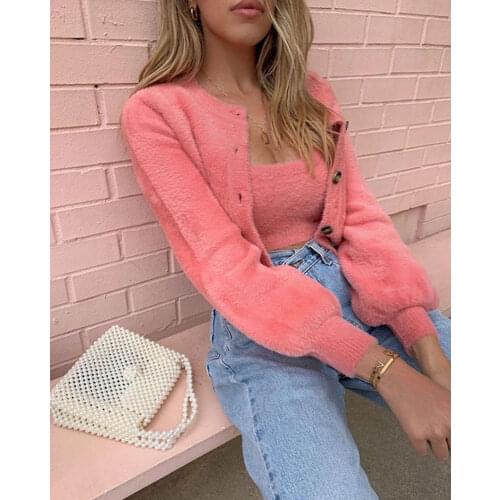 NEW 2020 Fall Winter Women Mohair Fluffy Plush Winter Sets Sling Vest Button Coat Sweater Pullover Cardigan Female Knitwear