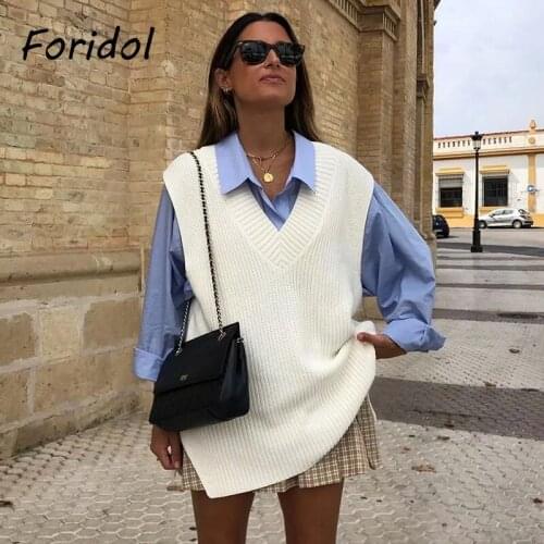 Foridol Knitted Side Slit sweater vest women casual oversized white loose vest pullovers winter sleeveless chic top 2020