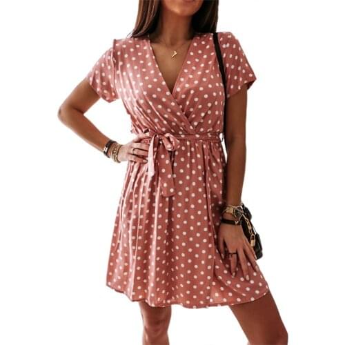 2021 Womens Summer Fashion Mini Dress Short Sleeve V-Neck Ladies Polka Dot Dreeses Split For Femela Boho Beach Holiday Dress
