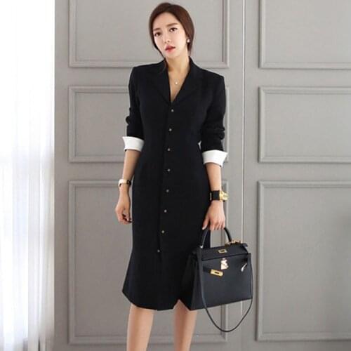 Office Lady Autumn New Black Dress Long Sleeve Single Breasted Korean Women Suit Collar Midi Work Dress Vestidos