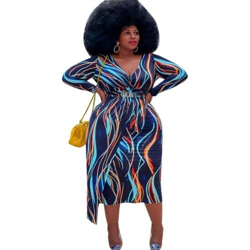 Xl-4xl Plus Size Dress Women Clothing Print Bodycon Sexy Party Maxi Dresses with Belt Long Sleeve Fall Wholesale DropShipping