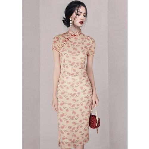 Chinese Style Floral Print Women Cheongsams Stand Collor Retro Performance Lady Qipao One Piece Split Summer Women Party Dress