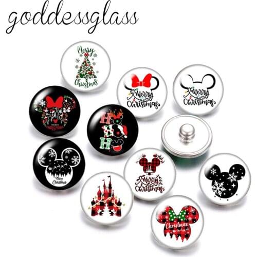 Disney Christmas style Mickey Minnie Face Tree Castle 10pcs Round photo glass 18mm snap buttons for 18mm snap bracelets jewelry