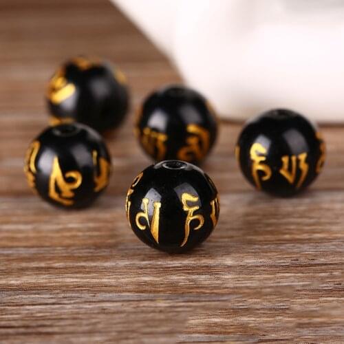 12 Pcs black artificial water wafer beads bronzing word six words mantra loose beads For Jewelry Making DIY Buddha Bracelets