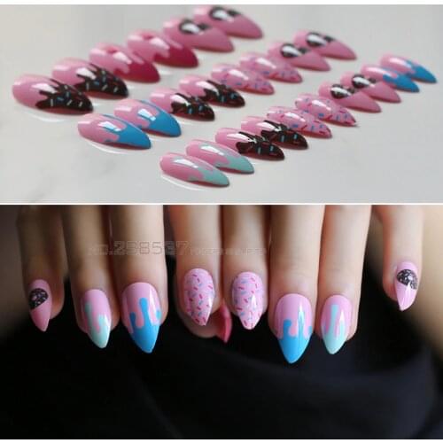 24pcs Boxed Pink cute pattern Cheese biscuit coffee false nails blue paint fake nails nude full nails Red BLACK and white