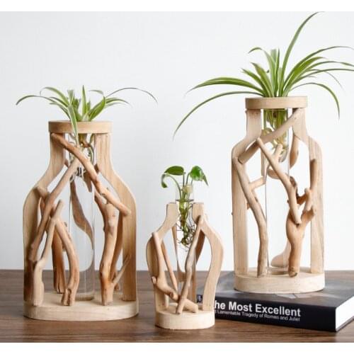 Pure Handwork Wooden Vase Decorated Solid Wood Flower Pot for Creative Glass Floral Hydroponic Container Home Decorative Vase