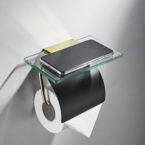 Toilet Paper Holder Shelf Toilet Paper Roll Storage Rack Wall Mounted Glass and Copper Shelves for Toilet Bathroom Accessories