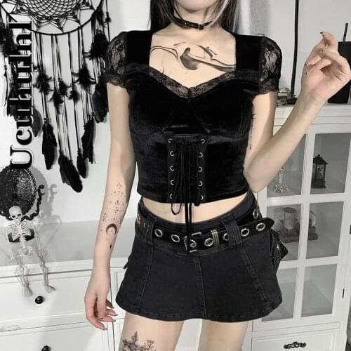 Ucuhulnl Aesthetic Sexy Black T-Shirts Goth Vintage Sexy Lace Trim Corset Tops Elegant Gothic Short Sleeve Bodycon Summer