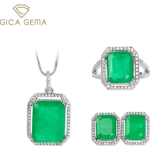 GICA GEMA Rectangle Emerald Jewelry Set For Women 925 Sterling Silver Zircon Pendant Earrings Rings Anniversary Fine Jewelry