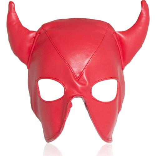 Head Cover Black Leather of Devil Accessory Suit Carnival Halloween Adult Sex Game Open Mouth BDSM Headgear EK