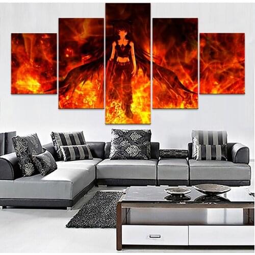 Canvas Pictures Wall Art Living Room Decor 5 Pieces Anime Touhou Flame Girl Weapon Wings Paintings HD Prints Posters Framework