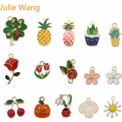 Julie Wang 10PCS Randomly Send Enamel Flowers Plant Fruit Ladybug Charms Bracelet Necklace Alloy Jewelry Making Accessory