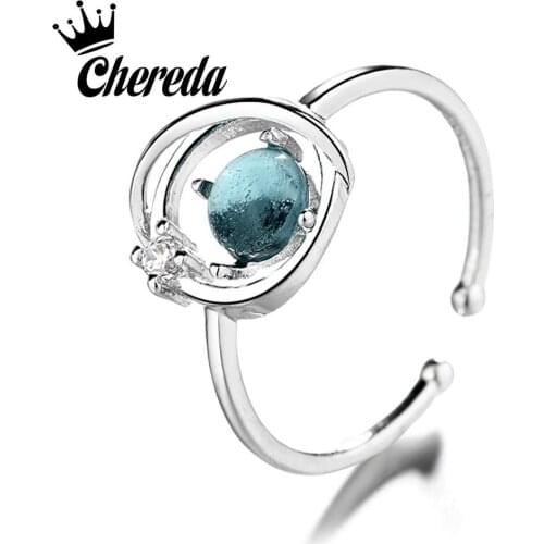 Chereda Blue Zircon Ring for Women Planet 925 Silver Finger Rings Statement Personality Jewelry Present