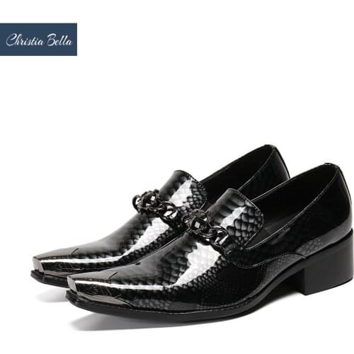 Christia Bella Fashion Patent Leather Men Dress Shoes Chains Business Office Brogue Shoes Male Party Leather Shoes Plus Size