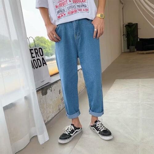 Summer new style Hong Kong style jeans men Korean loose straight cropped pants mens retro harem hip hop street wide-leg pants