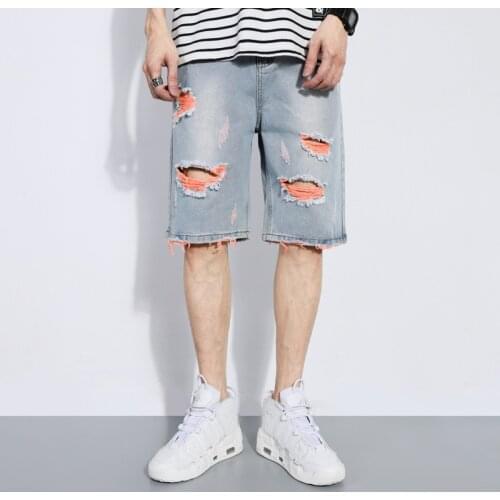 2021 Summer New Ripped Denim Shorts Men Fashion Casual Straight Hole Male Shorts High Street Knee Length Jeans