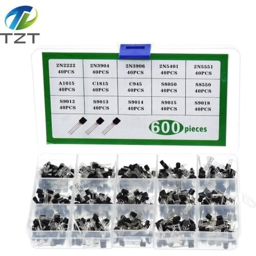 600Pcs 15 Value x 40 Pcs Transistor TO-92 Assortment Box Kit Transistors 2N2222 2N3904 2N3906 C945 S8050 S8550 S9014 S9013 9018