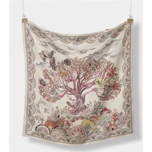 2021 New Design Womens Silk Scarf Tree And Bird Printing Square Scarves Casual Female Changeable Wrist Towel Neckline
