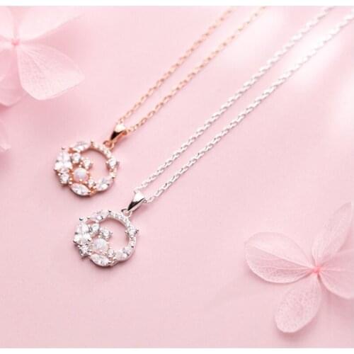 Korean 925 sterling silver necklaces Opal wreath Clear Zircon pendant necklaces for women engagement weddings bridal jewelry