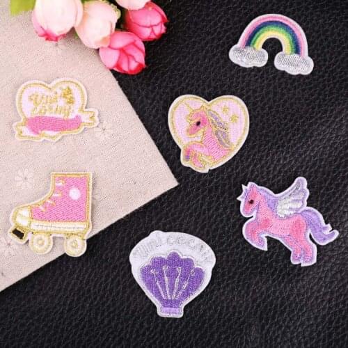 PGY 1PCS Anime Rainbow Patch Applique Cute Cartoon Iron On Patches Ice skates Embroidered Patches For Clothing DIY Stickers