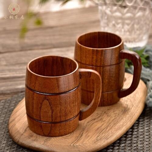 Natural Wooden Beer Cup Retro Big Capacity Tea Water Classic Wood Drinking Mug with Handle Coffee Beer Mug