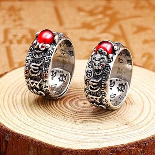 Silver Tibetan Six Words Proverb Ring Luck Wealth Pixiu Ring For Men Women Luck Jewelry